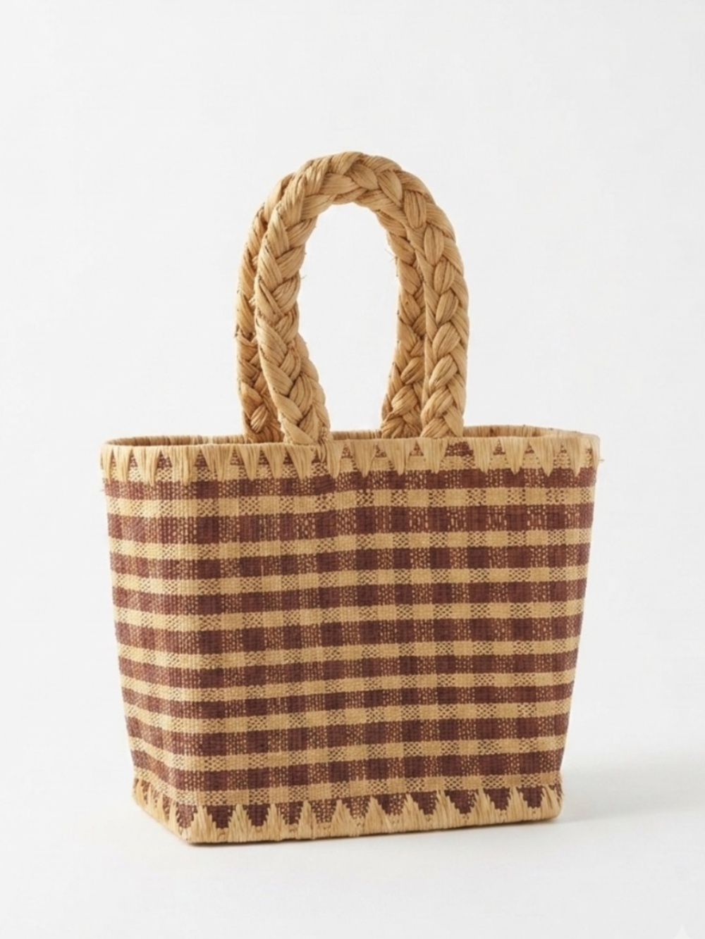 90s Woven Straw Tote Bag Brown & Tan Gingham Check Braided Handle
